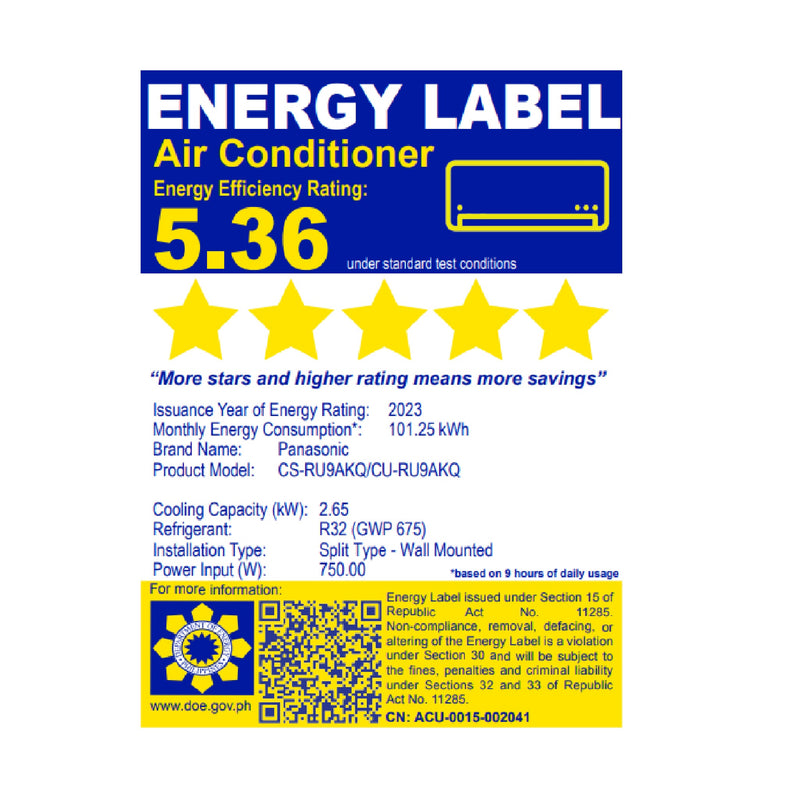CS/CU-P/RU9AKQ PANASONIC 1HP STD INV SPLIT AIRCON