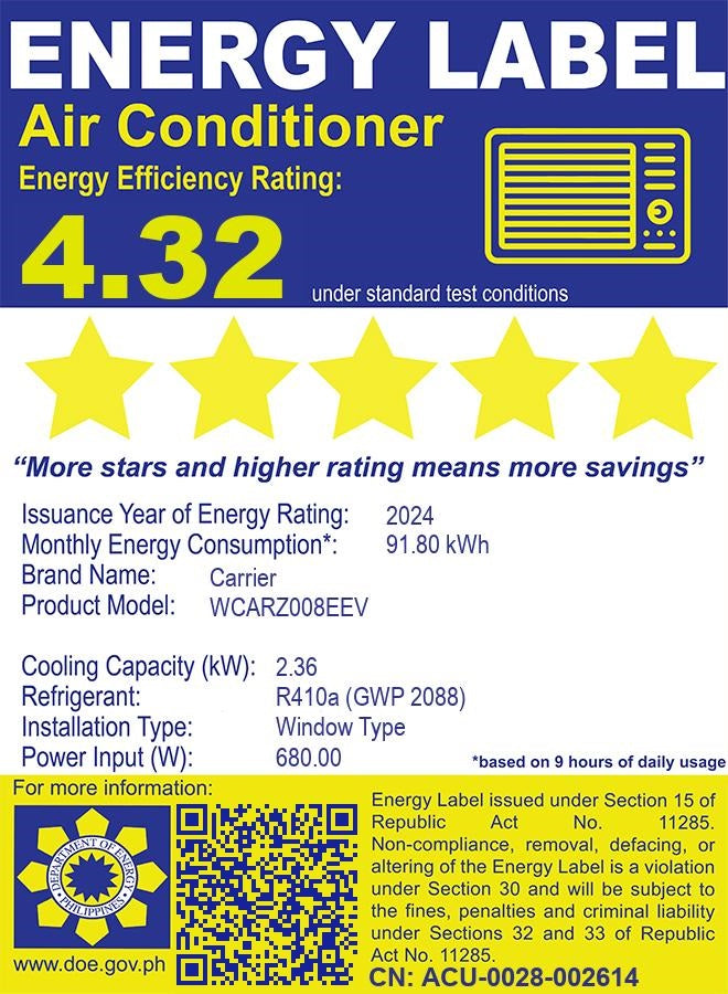 WCARZ008EEV CARRIER 0.75HP WDW INV AC TD OPTIMA