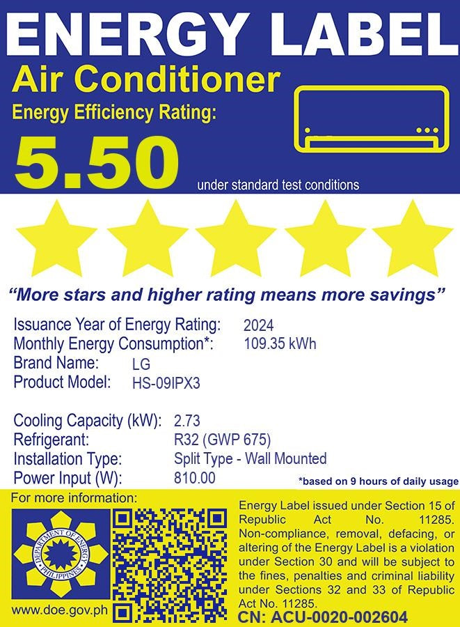 HSN/U09IPX3 LG 1HP SPLIT INV AC