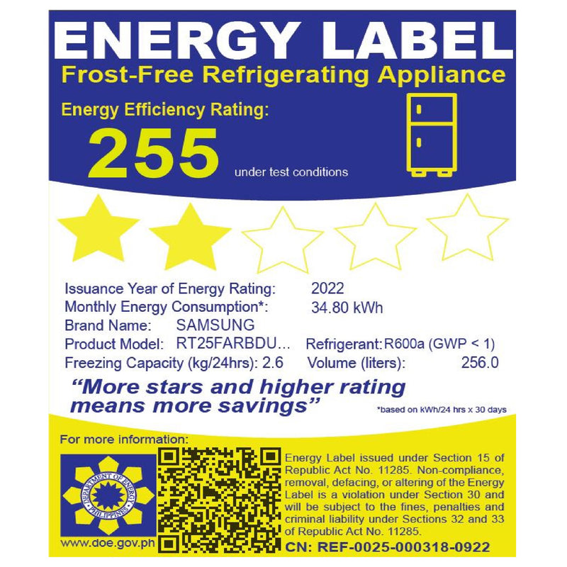 RT25FARBDUT/TC SAMSUNG 9.0CUFT INVERTER NOFROST REF