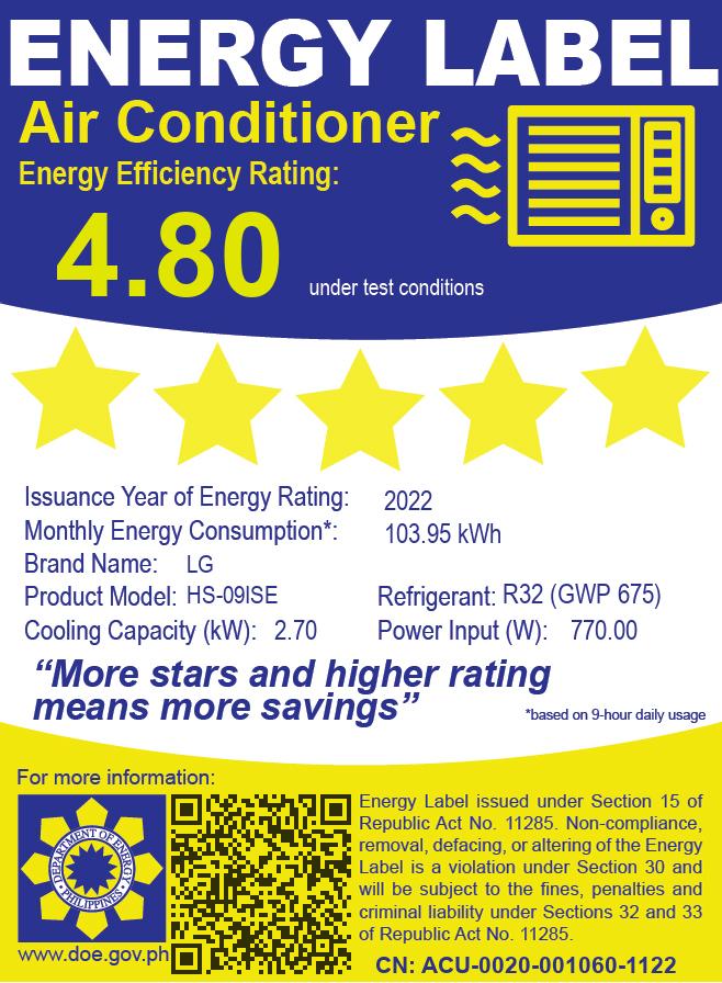 HSN/U09ISE LG 1HP INVERTER SPLIT TYPE AIRCON