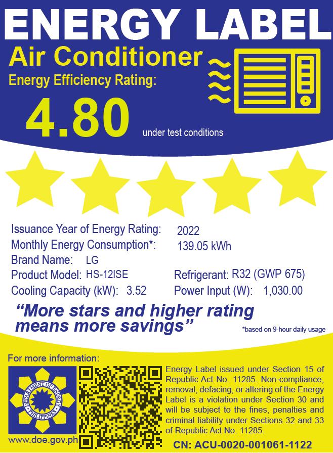 HSN/U12ISE LG 1.5HP INVERTER SPLIT TYPE AIRCON